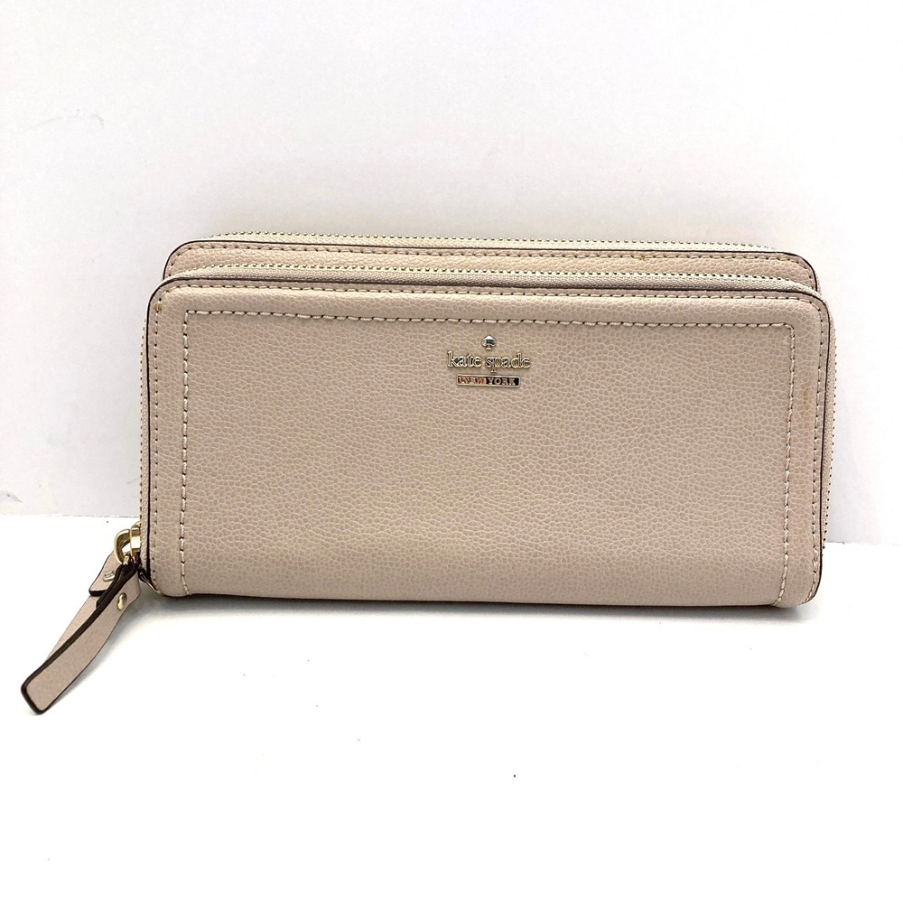 Kate Spade Beige / Pink Leather Zip Around Wallet Pebbled Credit Cards‎ Cash ID